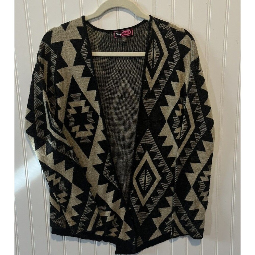 Say What? Women’s Open Front Cardigan Sweater Black Tan Aztec Pattern